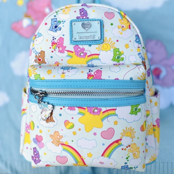 Loungefly Care Bears AOP Rainbow & Clouds Mini Backpack, White & Turquoise, NEW